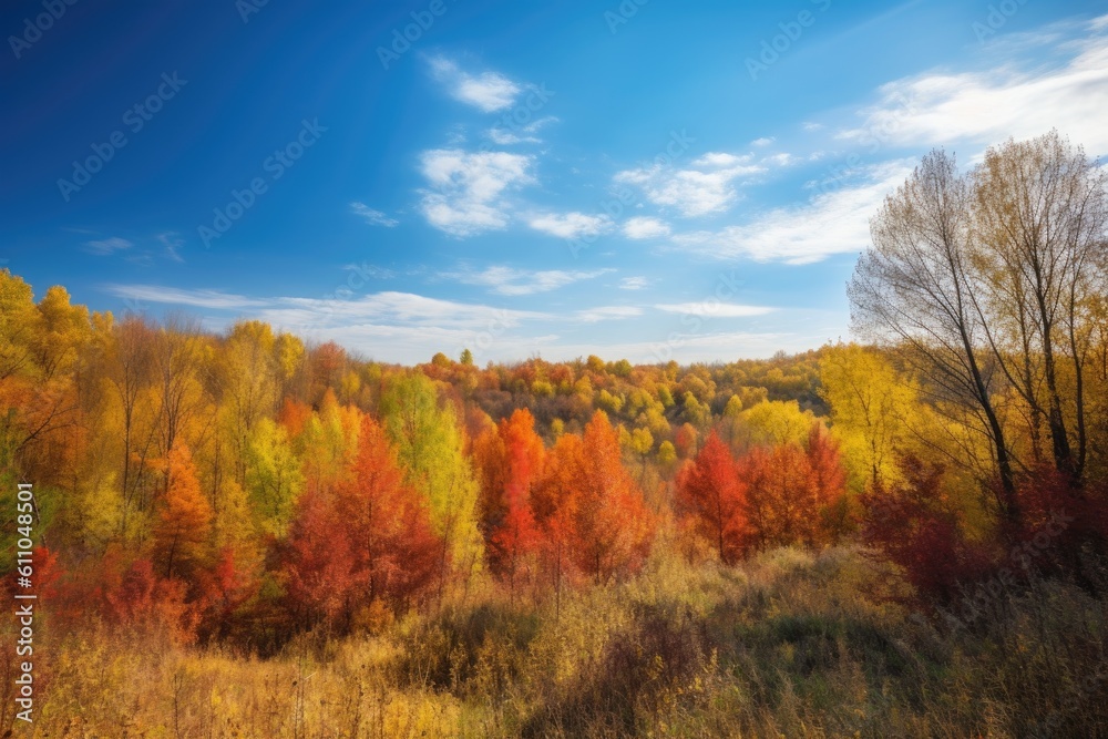 forest with colorful autumn foliage and vibrant blue sky, created with generative ai