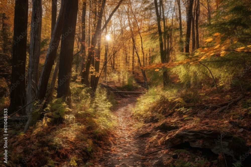 autumn forest hike with the sun filtering through the trees onto the ground, created with generative ai