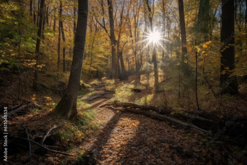 autumn forest hike with the sun filtering through the trees onto the ground, created with generative ai