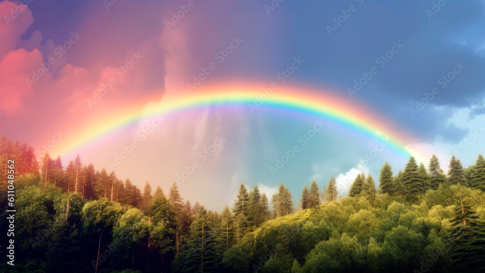 Naklejka premium rainbow forming in the sky after a summer storm, a reminder of the beauty of nature, Generative AI