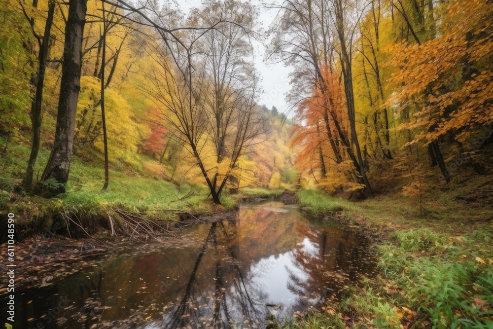 autumn forest hike with colorful foliage, tall trees and rivers, created with generative ai