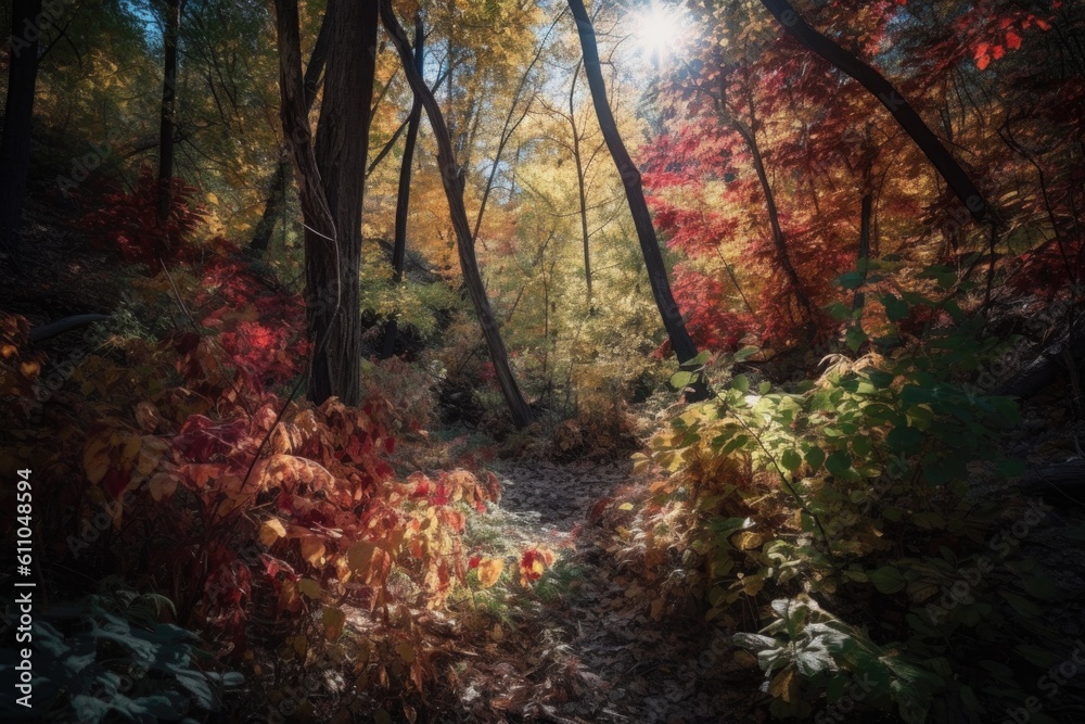 a forest with colorful leaves and sunlight shining through, created with generative ai