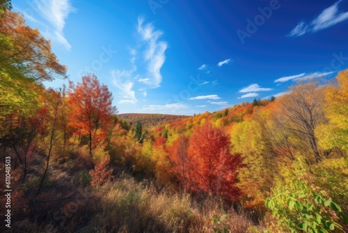forest with colorful autumn foliage and vibrant blue sky  created with generative ai