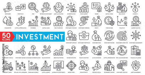 Investment icon set. Containing investor, mutual fund, asset, risk management, economy, financial gain, interest and stock icons