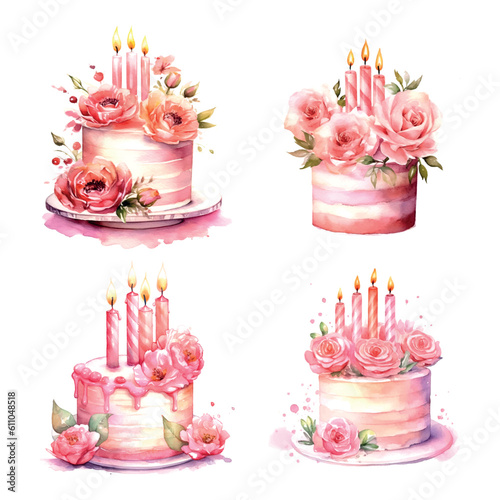 Colorful pink birthday cake watercolor in vintage style on white background. Hand drawn vector poster. Wedding invitation poster.