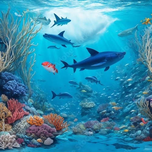 "Create a backdrop that takes us into the depth of the ocean, showcasing diverse marine life."