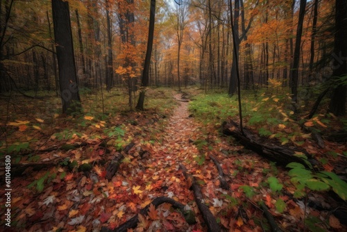 forest trail with colorful foliage and fallen leaves, created with generative ai