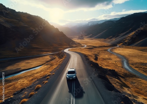 A car driving on a scenic road through a valley. Generative AI.