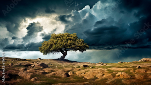lone tree standing against a stormy sky  a reminder of resilience  Generative AI