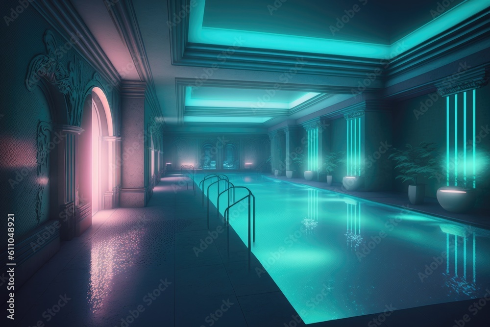 modern hotel pool with sleek swim lanes and underwater light show, created with generative ai