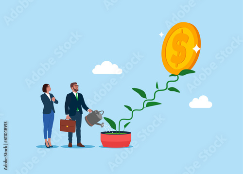 Business people watering seedling plant growing up as stair to climb to reach success. Growth step or career path. Modern flat vector illustration.