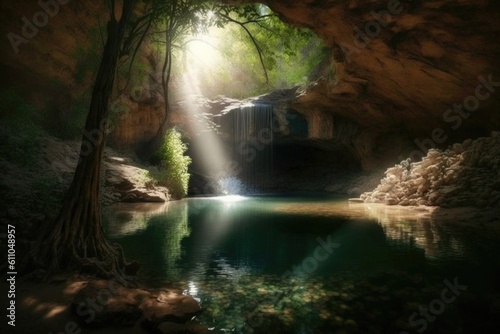 waterfall surrounded by inviting swimming hole, with sunbeams shining through the trees, created with generative ai