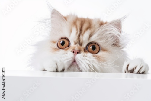 Close-up portrait photography of a funny persian cat climbing against a white background. With generative AI technology