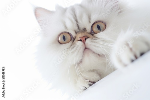Close-up portrait photography of a funny persian cat climbing against a white background. With generative AI technology