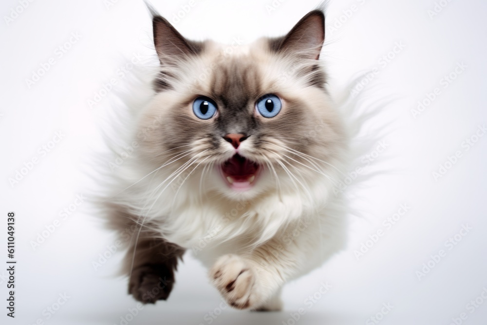 Obraz premium Medium shot portrait photography of a funny ragdoll cat pouncing against a white background. With generative AI technology
