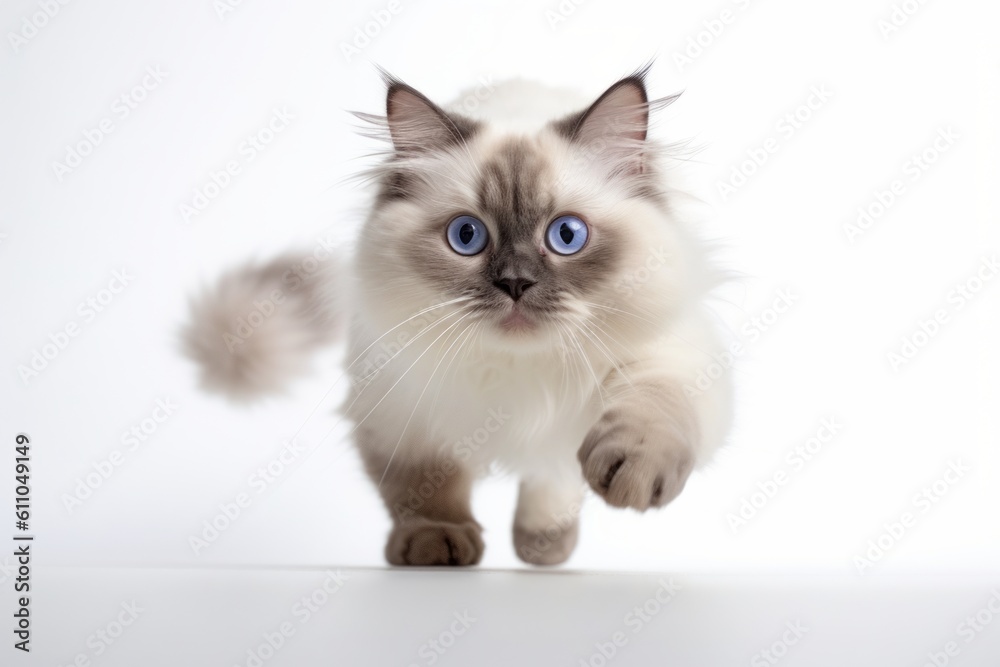 Lifestyle portrait photography of a cute ragdoll cat pouncing against a white background. With generative AI technology