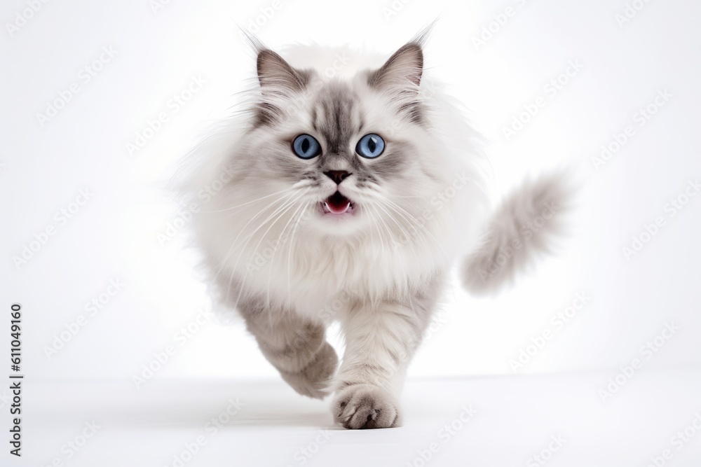 Medium shot portrait photography of a smiling ragdoll cat hopping against a white background. With generative AI technology