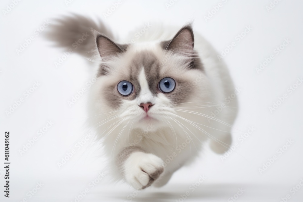 Lifestyle portrait photography of a cute ragdoll cat pouncing against a white background. With generative AI technology