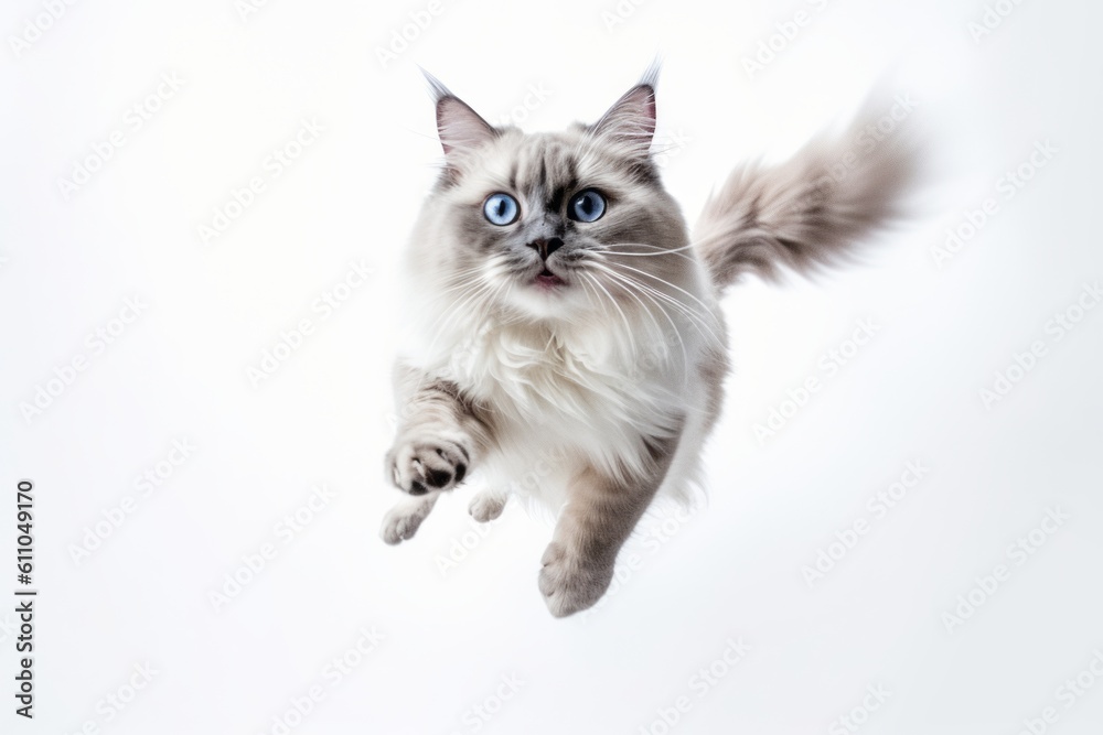 Environmental portrait photography of a happy ragdoll cat leaping against a white background. With generative AI technology