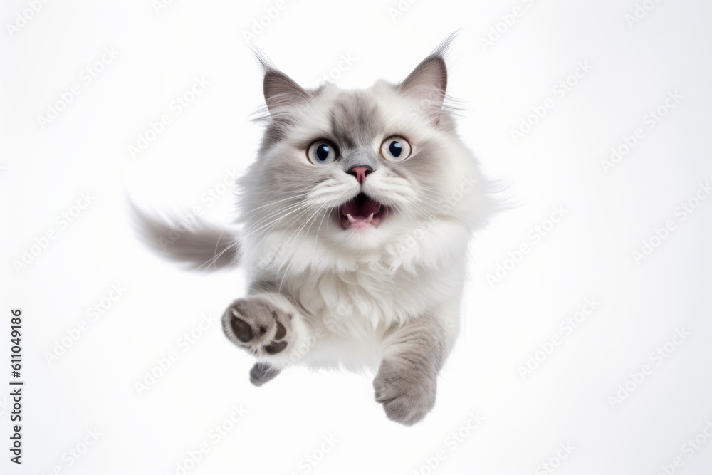 Environmental portrait photography of a happy ragdoll cat leaping against a white background. With generative AI technology