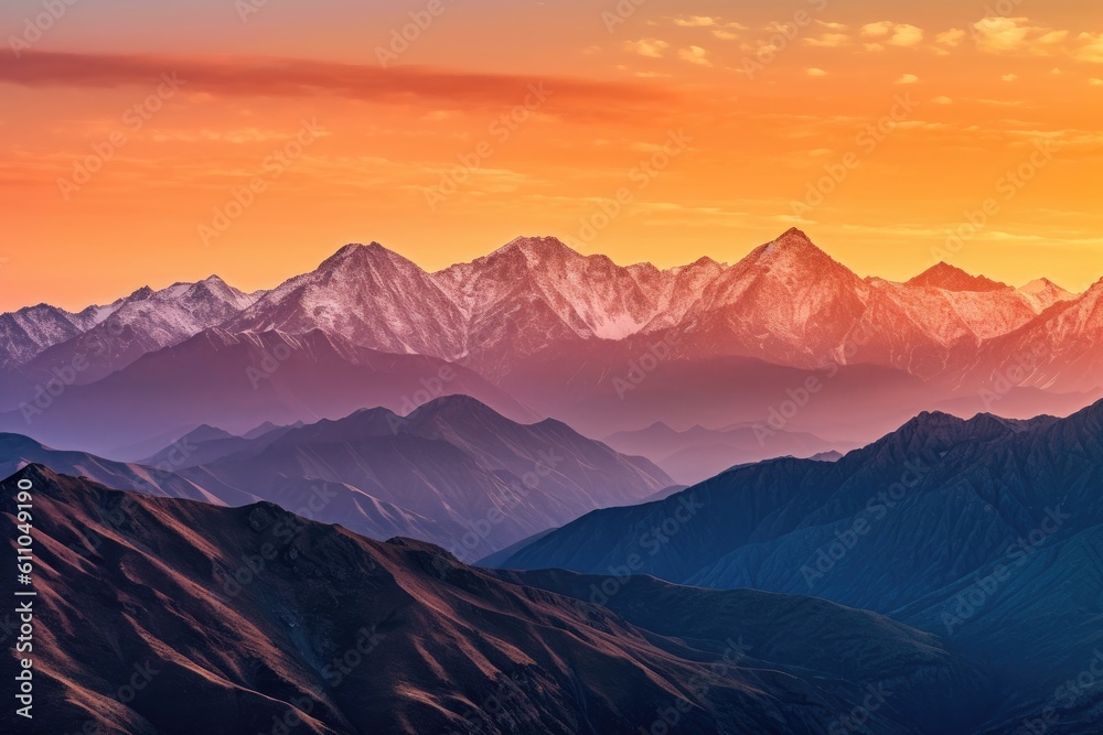 majestic mountain range, with the sun setting behind the peaks, created with generative ai