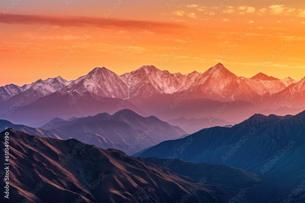 majestic mountain range, with the sun setting behind the peaks, created with generative ai majestic mountain range, with the sun setting behind the peaks, created with generative ai
