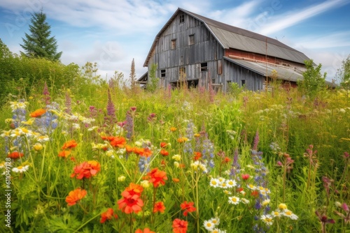 rustic barn surrounded by blooming flower fields, with bright and colorful flowers, created with generative ai