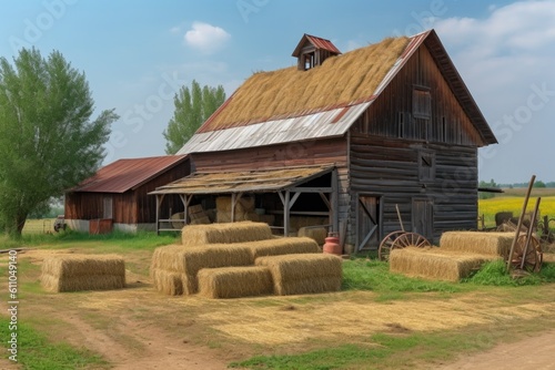 rustic barn with stack of hay bales and feeding troughs, created with generative ai