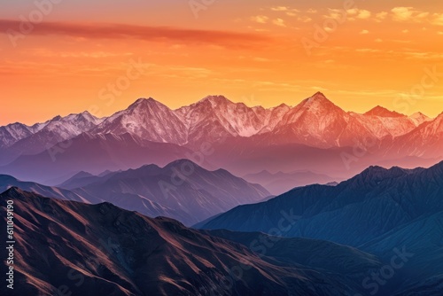 majestic mountain range, with the sun setting behind the peaks, created with generative ai © altitudevisual