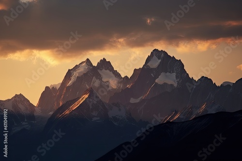 majestic mountain range, with the sun setting behind the peaks, created with generative ai