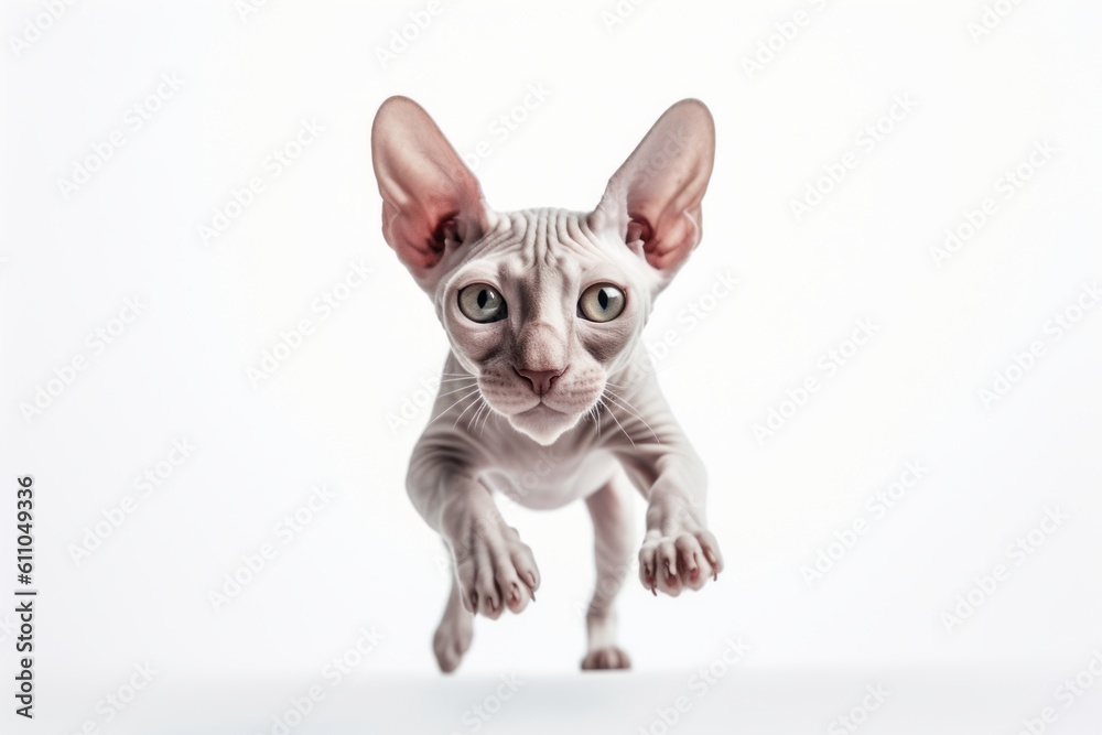 Group portrait photography of a cute sphynx cat sprinting against a white background. With generative AI technology