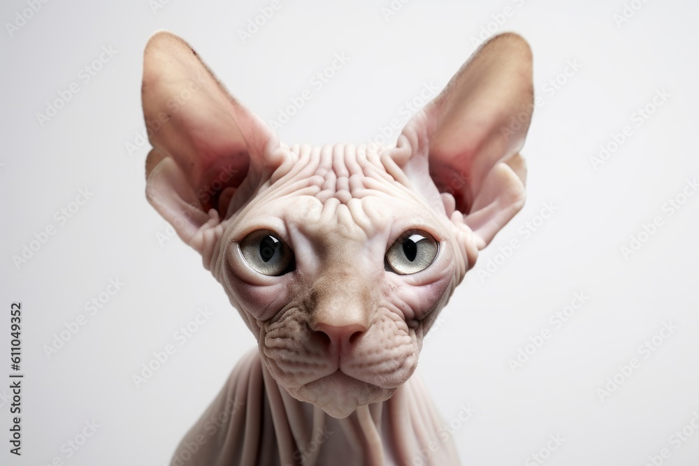Environmental portrait photography of a tired sphynx cat skulking against a white background. With generative AI technology