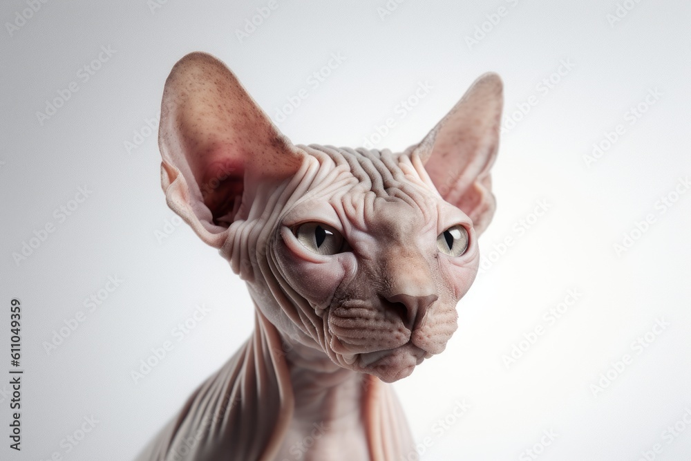 Environmental portrait photography of a tired sphynx cat skulking against a white background. With generative AI technology