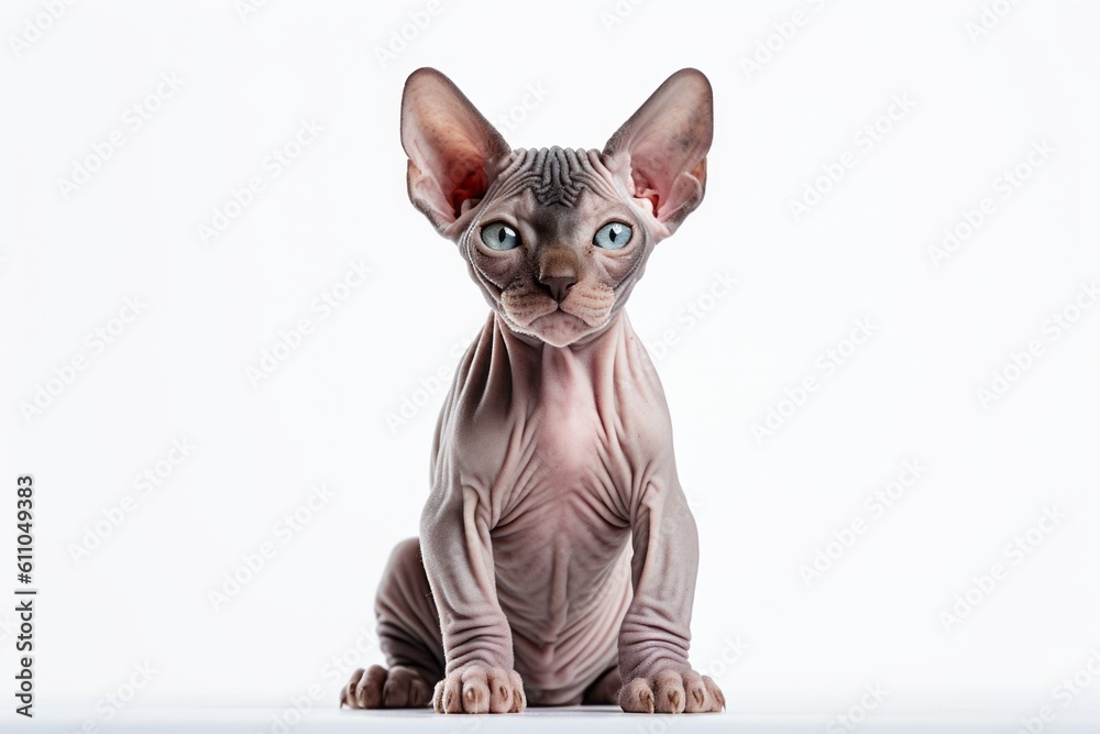 Studio portrait photography of a happy sphynx cat crouching against a white background. With generative AI technology
