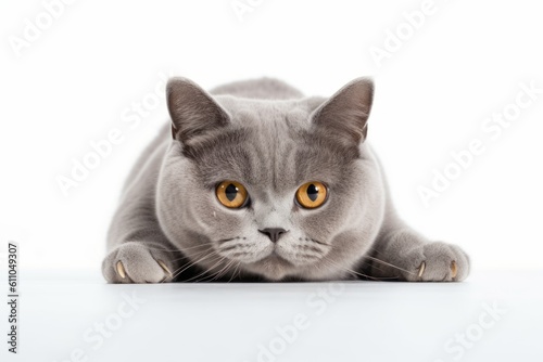 Lifestyle portrait photography of a funny british shorthair cat crouching against a white background. With generative AI technology