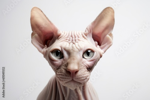 Environmental portrait photography of a tired sphynx cat skulking against a white background. With generative AI technology © Markus Schröder