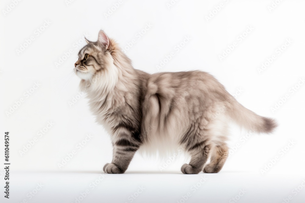 Full-length portrait photography of a cute siberian cat back-arching against a white background. With generative AI technology