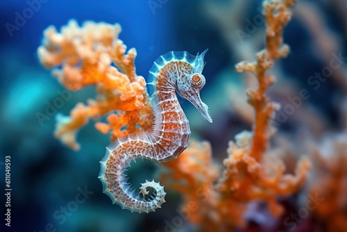 Colorful Seahorse on Coral Reef Branch - AI Generative © Digital Dreamscape