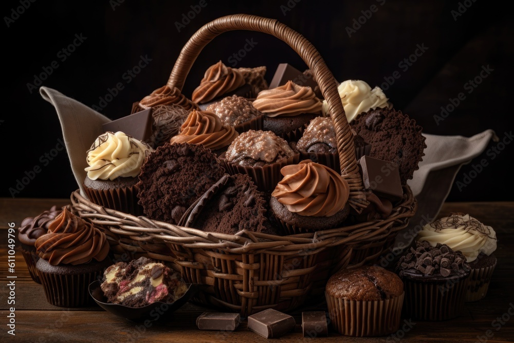 basket filled with assorted chocolate cupcakes of different flavors, shapes, and sizes, created with generative ai