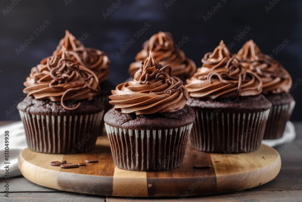 stack of rich chocolate cupcakes, with swirls of creamy frosting, created with generative ai stack of rich chocolate cupcakes, with swirls of creamy frosting, created with generative ai