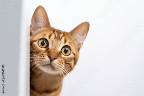 Group portrait photography of a curious havana brown cat wall climbing against a white background. With generative AI technology
