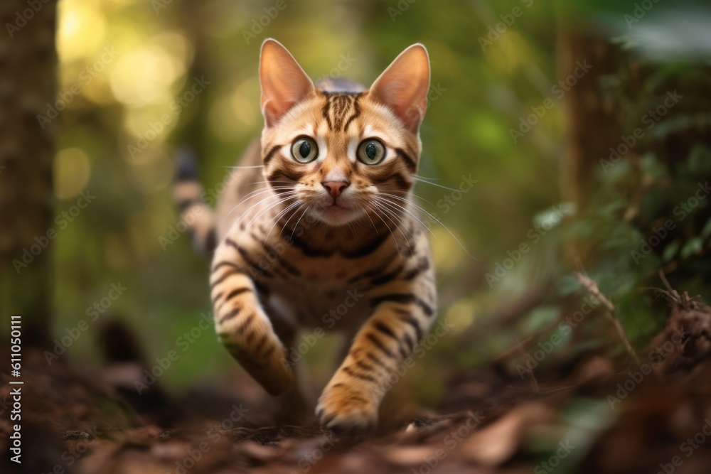 Medium shot portrait photography of a cute bengal cat jumping against a forest background. With generative AI technology