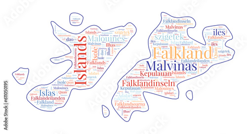 Falklands shape filled with country name in many languages. Falklands map in word cloud style. Creative vector illustration.