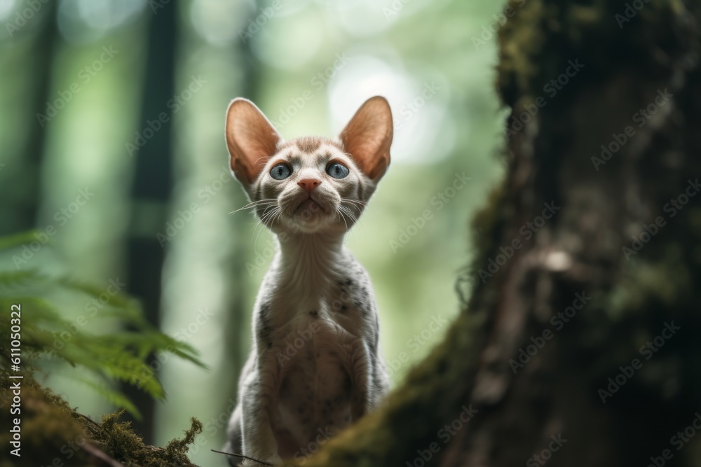 Group portrait photography of a cute devon rex cat climbing against a forest background. With generative AI technology Group portrait photography of a cute devon rex cat climbing against a forest background. With generative AI technology