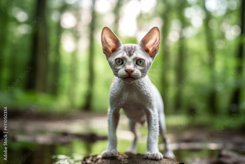 Environmental portrait photography of a smiling devon rex cat drinking water against a forest background. With generative AI technology