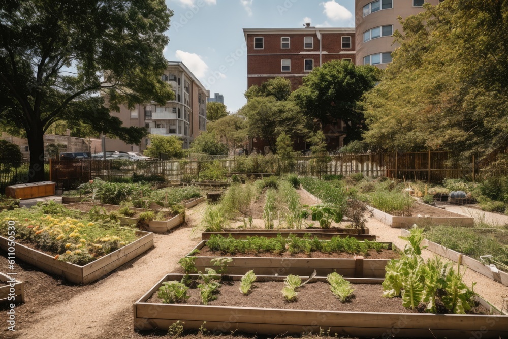community garden with residents growing and sharing vegetables, fruits, and herbs, created with generative ai community garden with residents growing and sharing vegetables, fruits, and herbs, created with generative ai