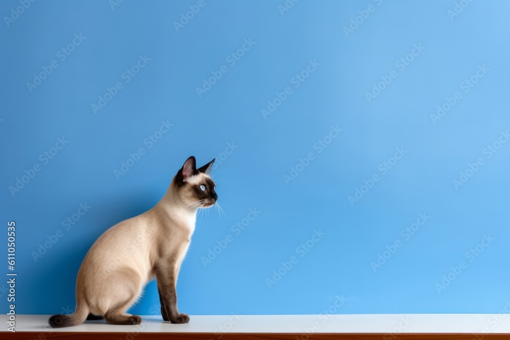 Full-length portrait photography of a cute siamese cat scratching against a minimalist or empty room background. With generative AI technology
