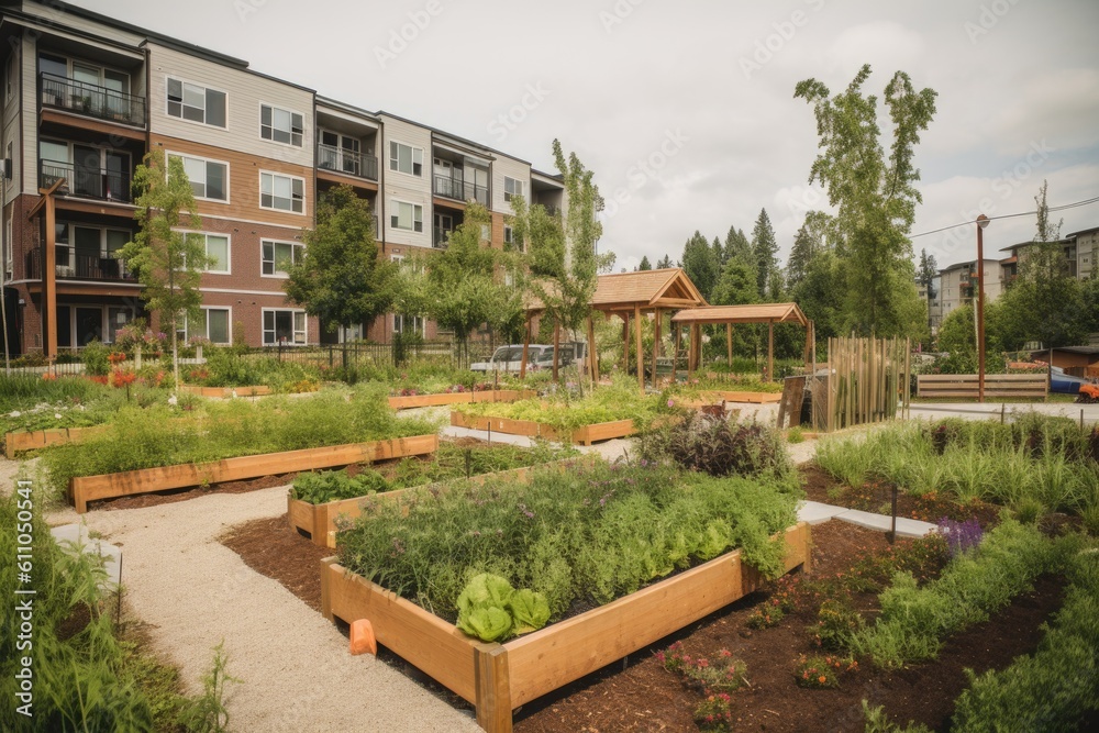 Fototapeta premium community garden with residents growing and sharing vegetables, fruits, and herbs, created with generative ai
