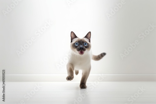 Environmental portrait photography of a smiling siamese cat hopping against a minimalist or empty room background. With generative AI technology © Markus Schröder