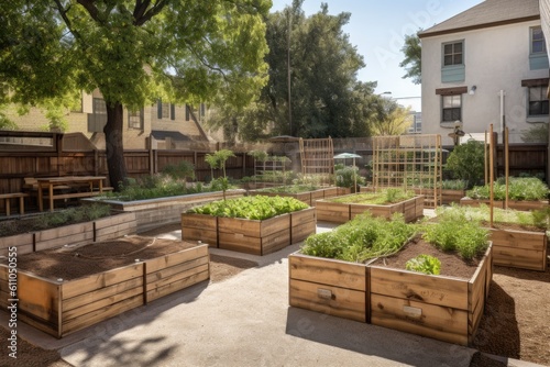 community garden with raised beds for growing herbs  vegetables and fruits  created with generative ai